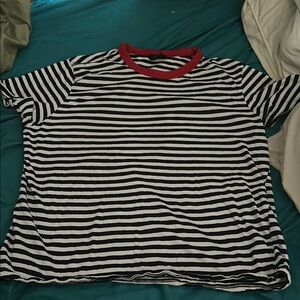 Forever 21 Striped Black and White T-Shirt with Red Collar